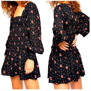 Free People Two Faces Black Floral Smocked Mini Dress Size M Womens Puff Sleeve